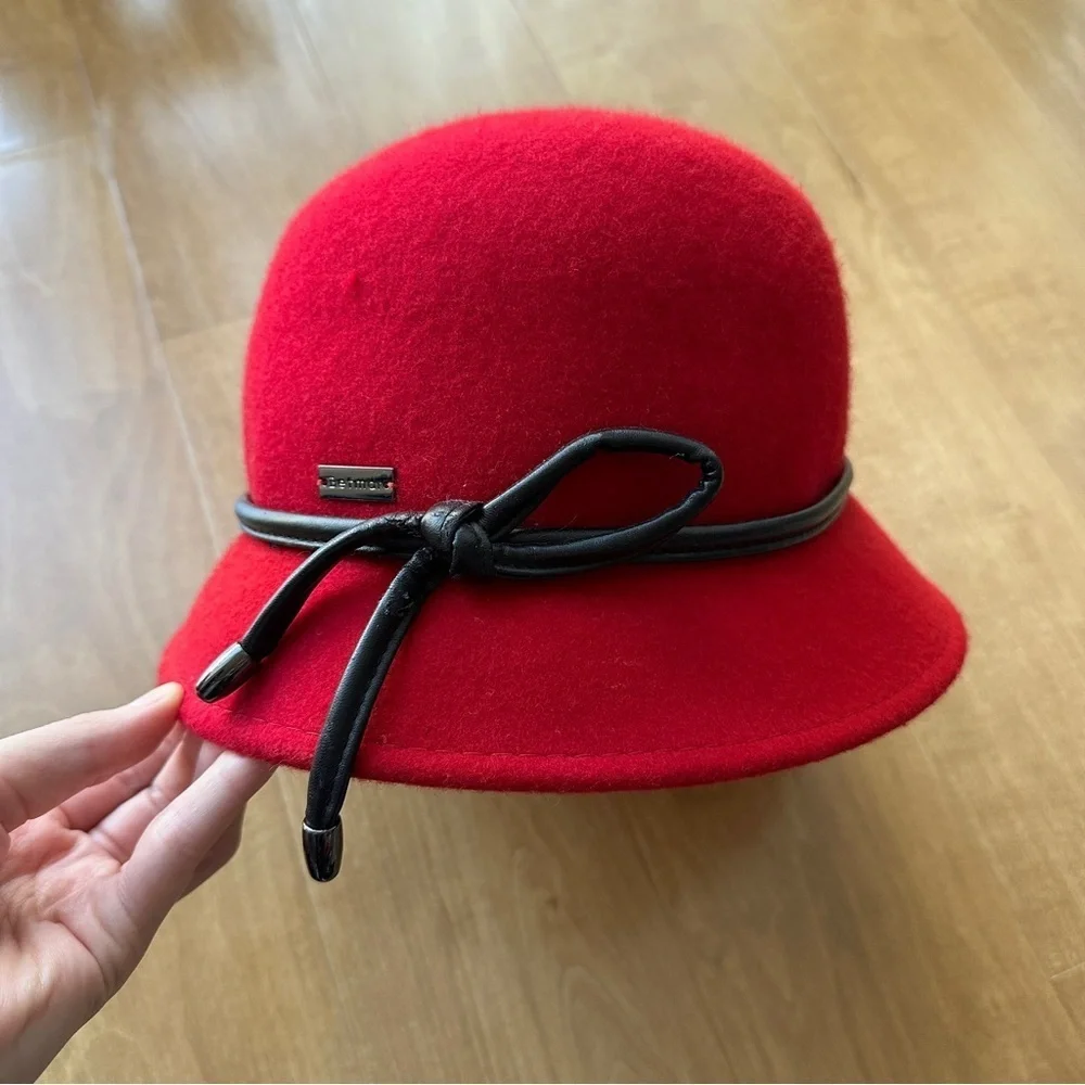 Betmar Women’s Valerina Red Wool Hat with Black Leather Bow